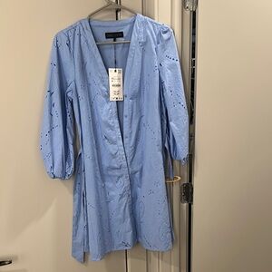 Zara Sky Blue Eyelet Wrap Dress